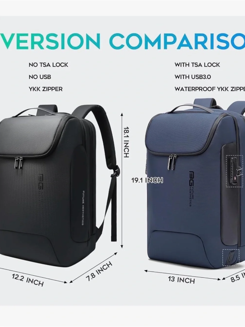 Bange BG Aesthetics Blue Men's Anti-Theft Business Backpack with USB Port NWT